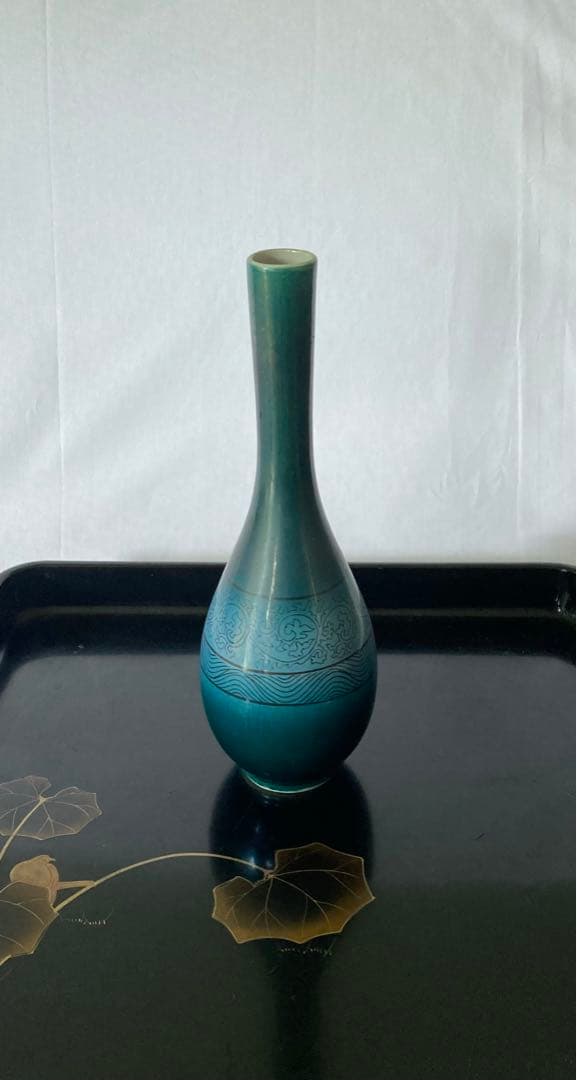 九谷清峰　花瓶　深緑色