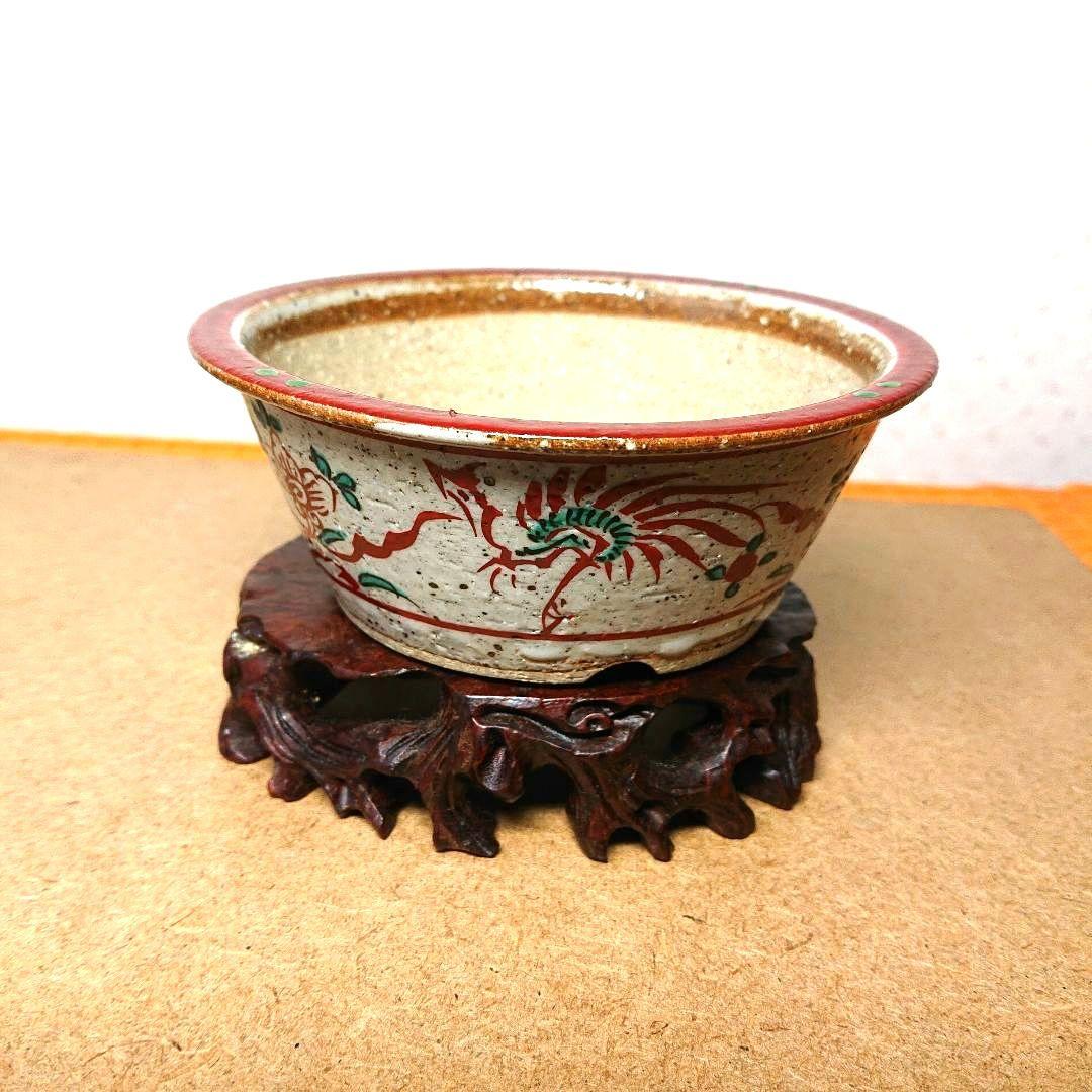 九谷焼 赤絵 【九谷 昇山 銘】/ 新品・未使用 盆栽鉢