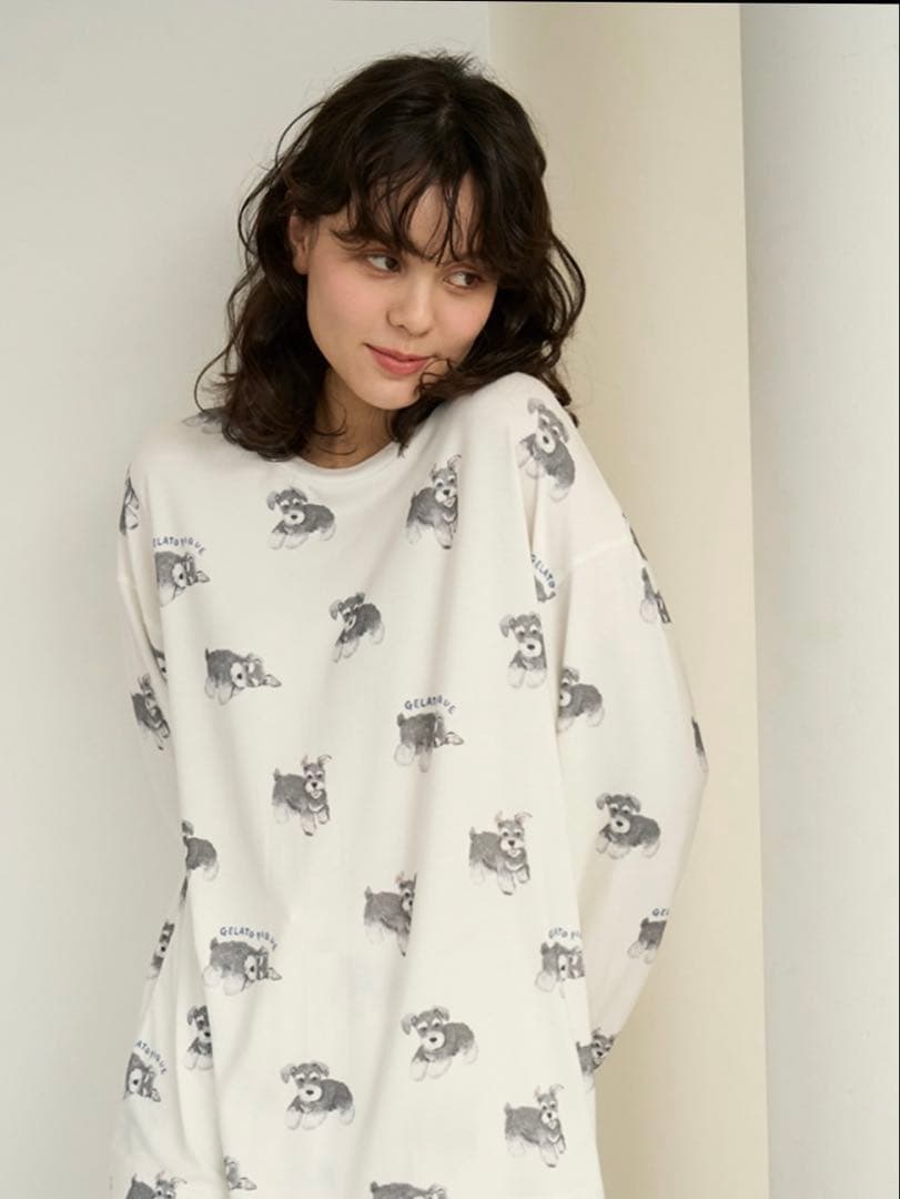 【新品】ジェラートピケ　シュナウザー柄ロンＴ&ロングパンツ上下セット