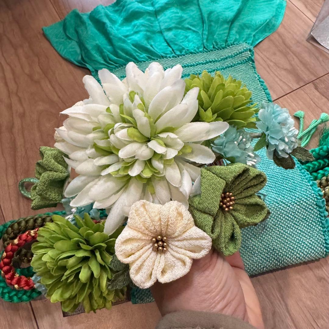 超美品　振袖　帯揚　帯締　髪飾　半衿　6点セット　着物小物　ターコイズブルー