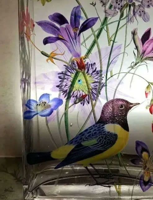 フリンジ ガラスアート 花瓶 フラワーベース 鳥 植物 花 絵画風