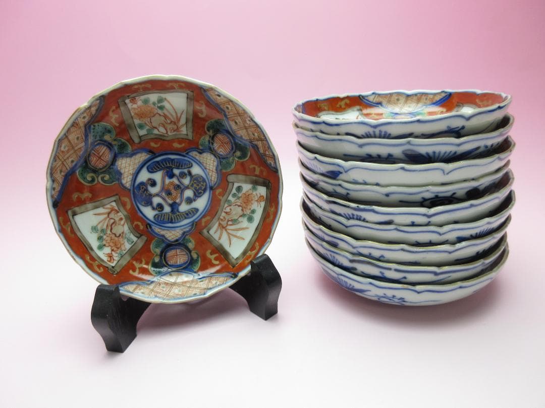 時代物 角富 花草紋 色絵 錦手 小皿 10客 MO70115