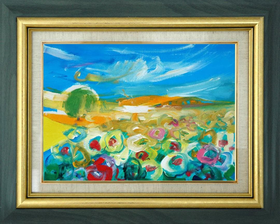 油絵 菅家令子 絵 絵画インテリア額付(青緑＋金色の枠)uF6-050610風景