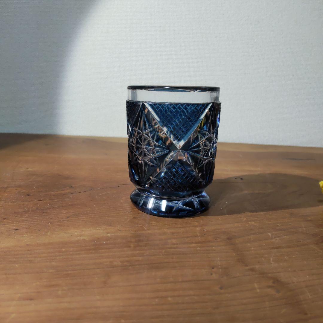 尚古集成館監修 薩摩切子工芸作 藍被せガラス 復元 薩摩切子盃 共箱・共布