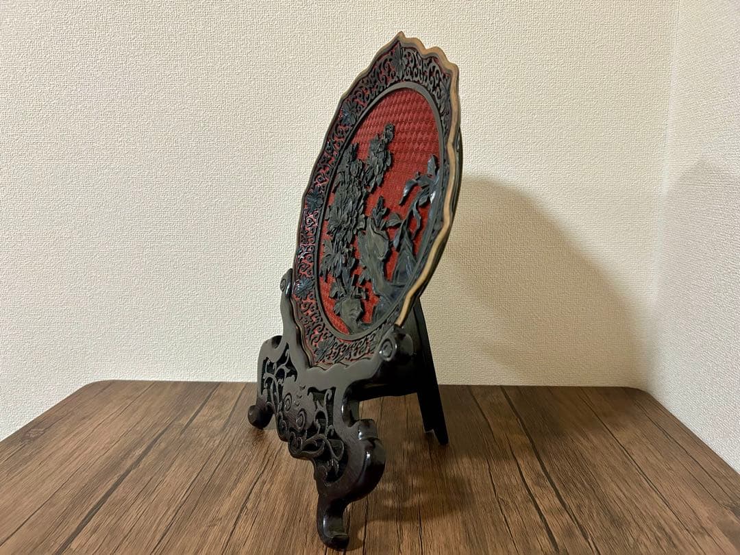 牡丹彫刻 堆朱 堆黒 中国美術 皿立て付き