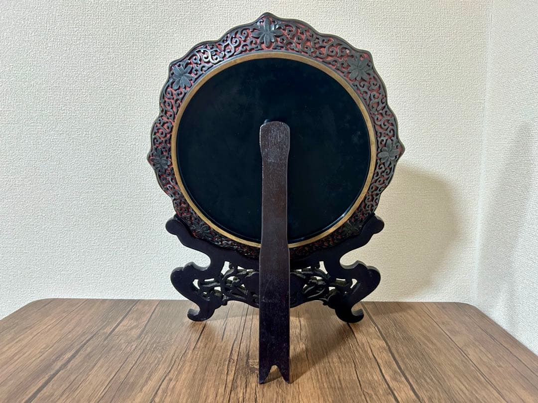 牡丹彫刻 堆朱 堆黒 中国美術 皿立て付き