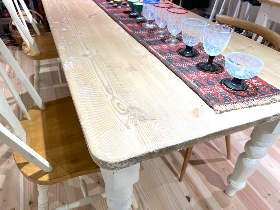 ビンテージ フレンチビッグテーブル 幅約200cm 木＋ホワイト 収納箱あり