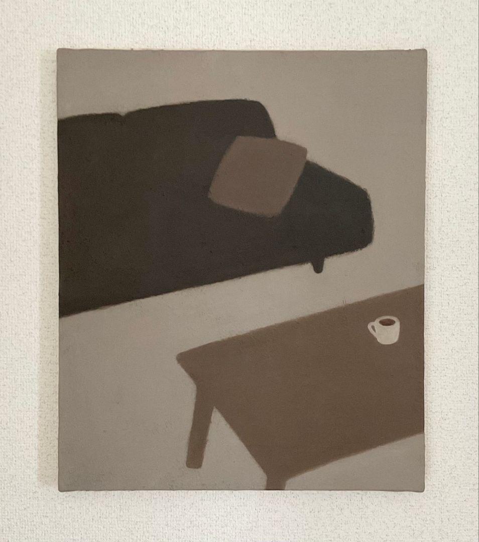 油彩画　ソファーとテーブルとコーヒー