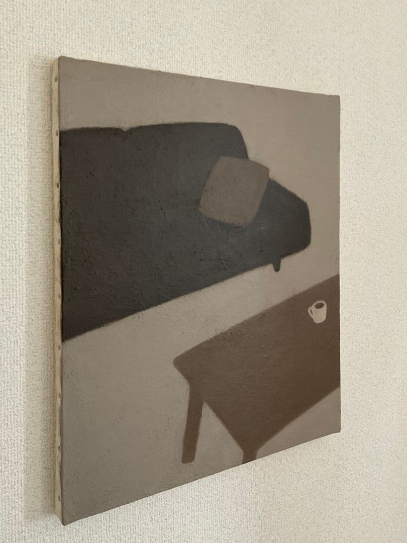 油彩画　ソファーとテーブルとコーヒー