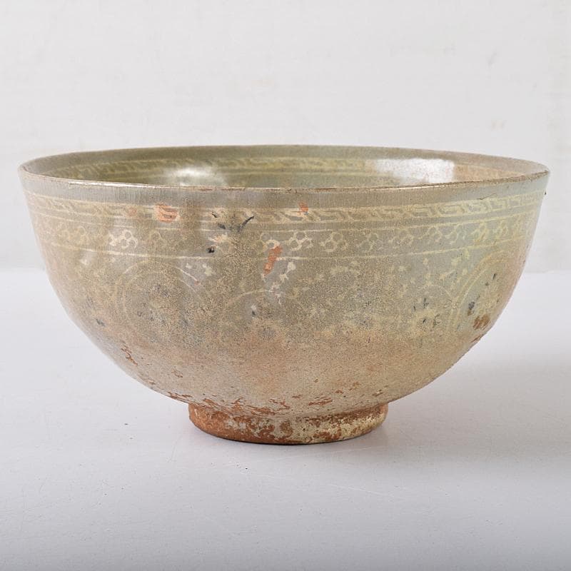 朝鮮美術　李朝　高麗青磁　象嵌花文　大茶碗　時代箱付　M　R8448