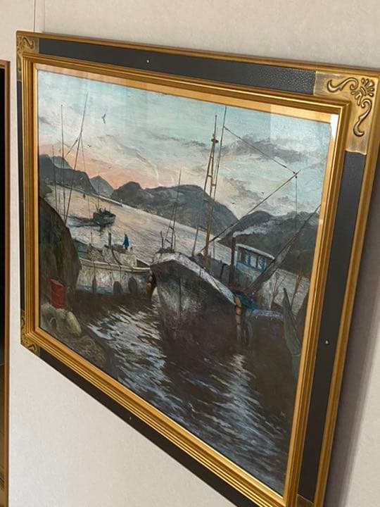 絵画　久保田宏　油絵　朝の漁港　特大F50 名画　巨大　額縁　芸術品　油彩　作品