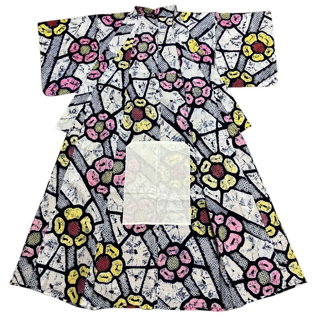 有松鳴海絞り 浴衣 ホワイト ネイビー 花柄 黄色 ピンク 綿 裄69cm 手縫