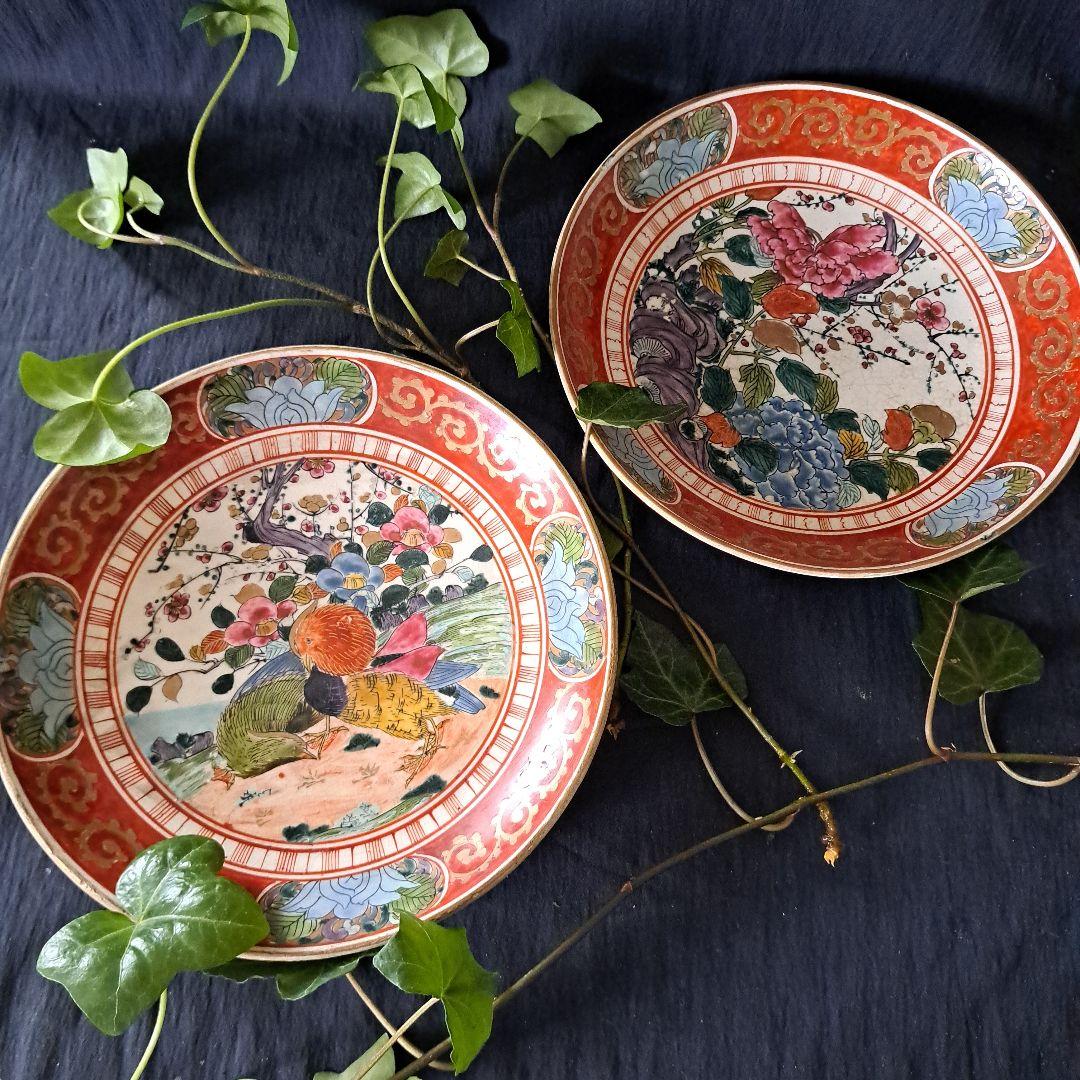 「華やかに、九谷の皿を食卓に」 九谷焼色絵皿(直径21cm) 2客セット 骨董ア