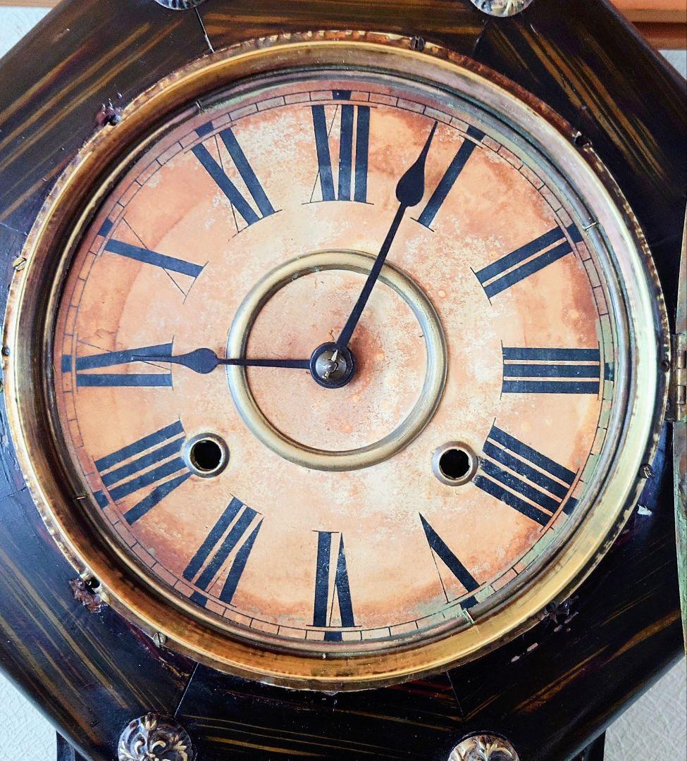 〈完動・美品〉精工舎　硝子絵　小型花ぼたん八角ゼンマイ振り子時計　古時計