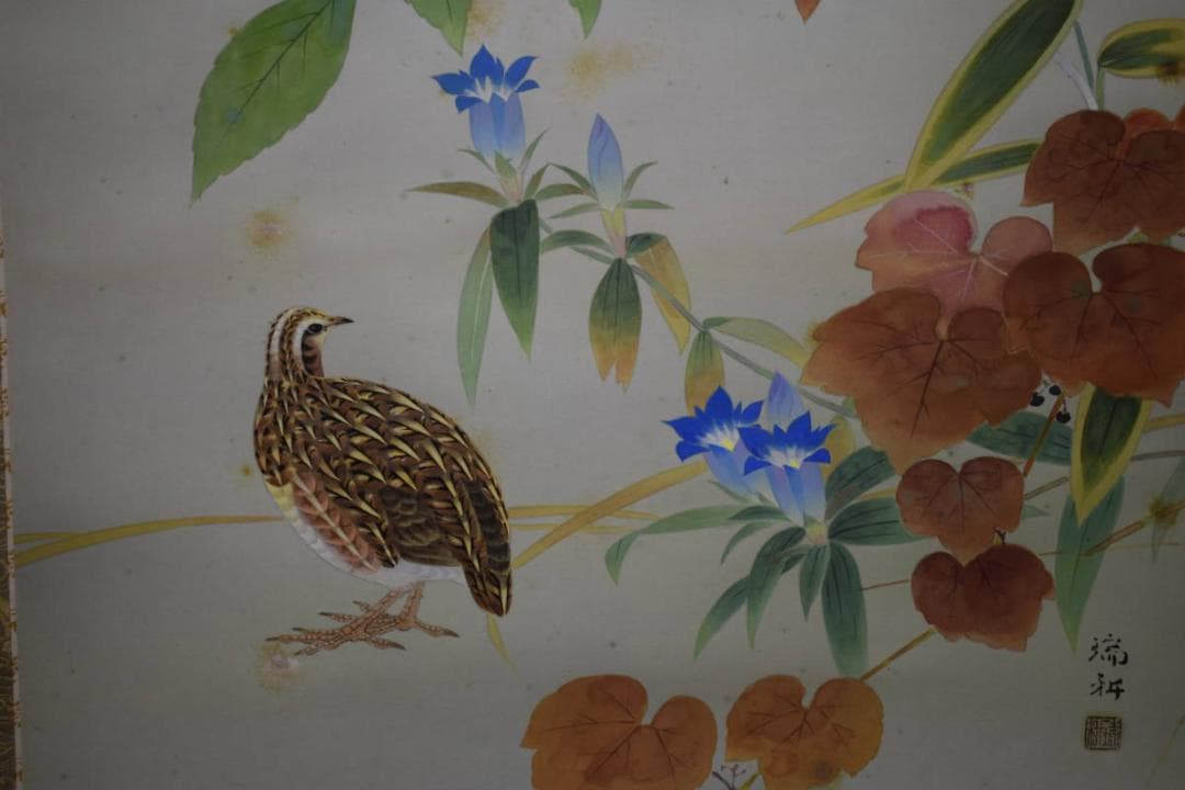 真作/田中瑞耕/鶉図/うずら図/桐共箱太巻二重箱付/布袋屋掛軸HG-273