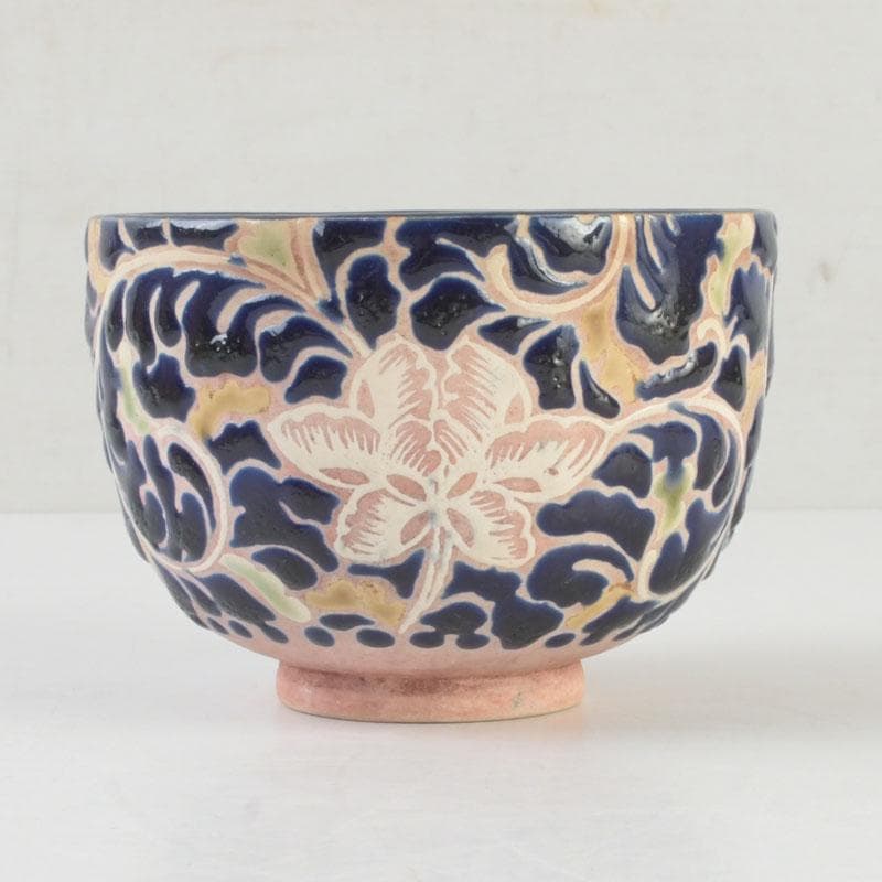 茶道具　青釉　花草文　茶碗　在銘　時代箱付　V　9705