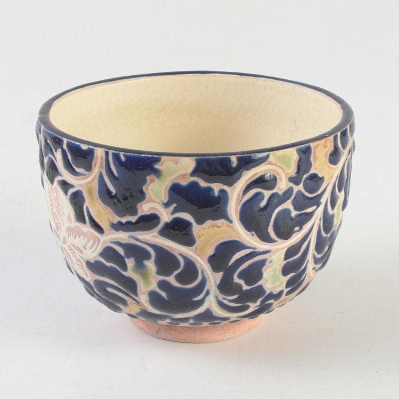 茶道具　青釉　花草文　茶碗　在銘　時代箱付　V　9705