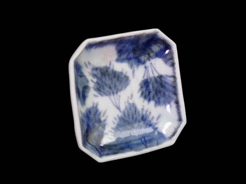 古伊万里　染付　竹笹紋の図　四方角　豆皿　E598AS-CTy