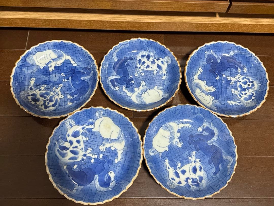 道光年製銘 古い馬文染付皿5枚 中国美術 唐物 清朝