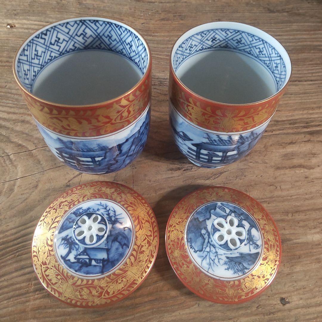 京焼 清水焼 金襴青華山夫婦茶碗　五座五重　2点セット
