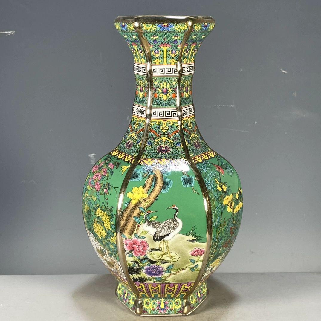 乾隆琺瑯彩花鳥紋六稜賞瓶 景徳鎮 陶磁器 装飾品 現代工芸品 美術品 置物
