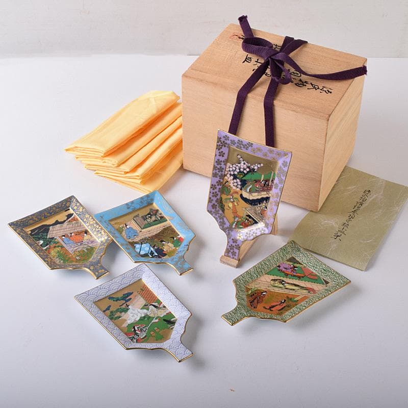 茶道具　栗野芳葉作　色絵　源氏物語絵巻図　羽子板小皿　五客　共箱　V　7784