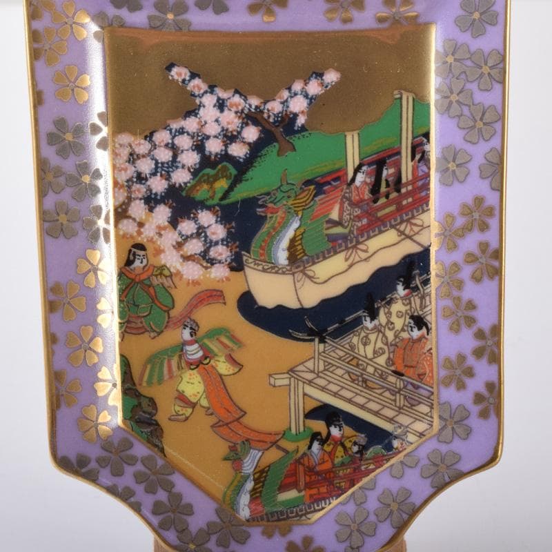 茶道具　栗野芳葉作　色絵　源氏物語絵巻図　羽子板小皿　五客　共箱　V　7784