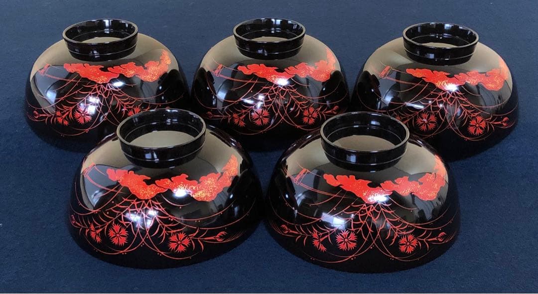 《レ》秋草蒔絵 吸物椀5客 在銘 木製漆器 時代 共箱　251104う3