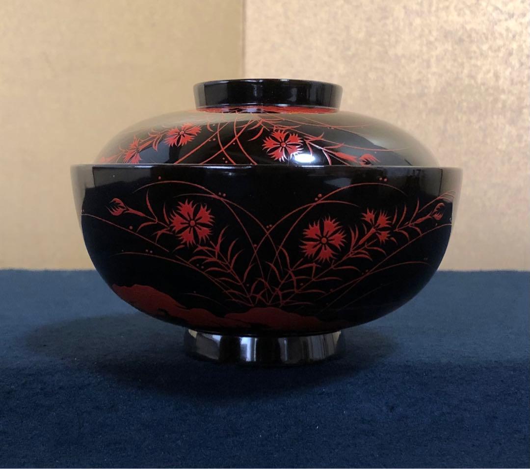 《レ》秋草蒔絵 吸物椀5客 在銘 木製漆器 時代 共箱　251104う3