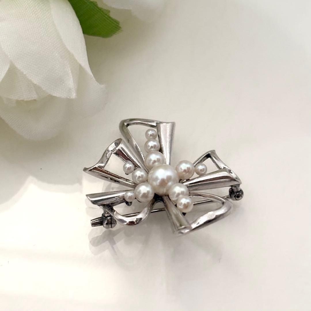 248【ミキモト】シルバー　パール　ブローチ