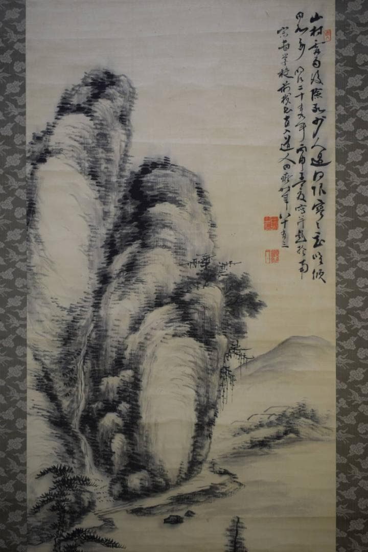 模写/田能村直入/山水画賛/杉箱二重箱付/布袋屋掛軸HF-357