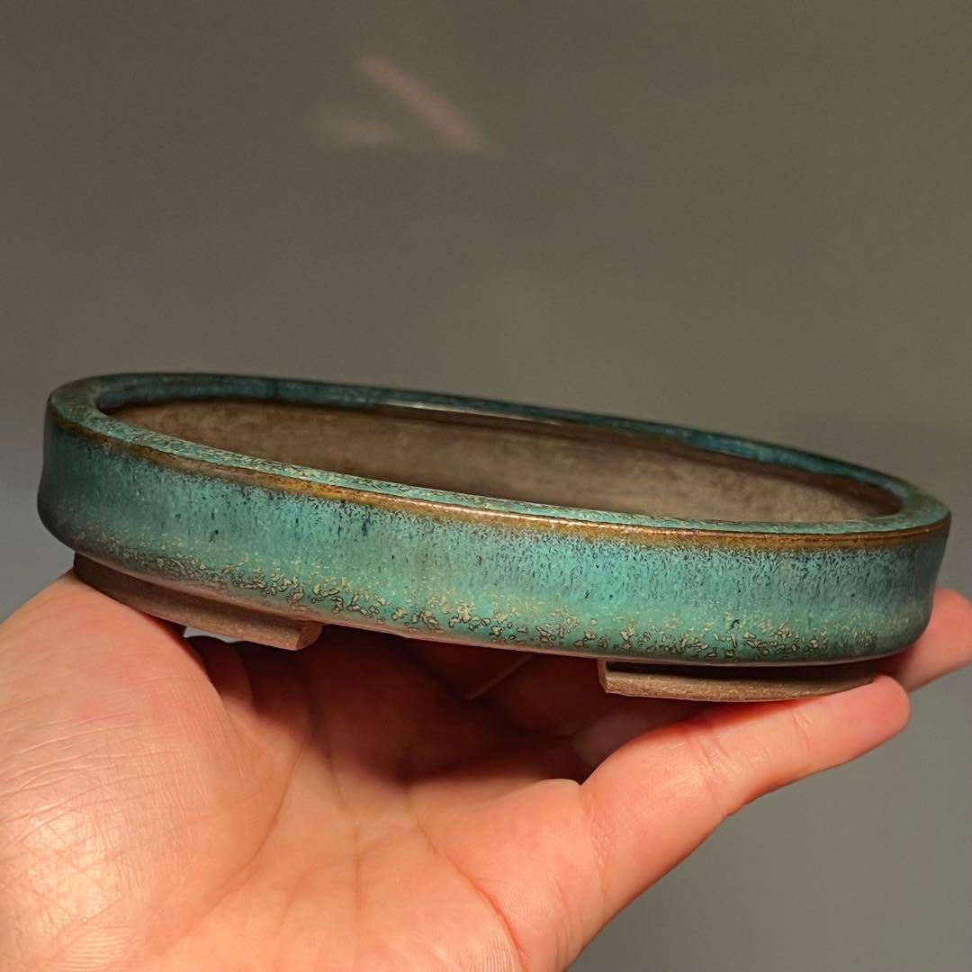 805.平安虹泉 窯変織布釉楕円 盆栽鉢 植木鉢 13.8*10.8*2.8cm