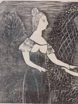 【真作】版画　藤田嗣治　木版画　蜂腰の女　モノクロ版画　抽象女性像　X36