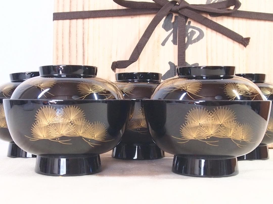 【美品】輪島塗 うるし工芸なかたに 寿松沈金 煮物椀 5客 雑煮椀/大椀 漆器