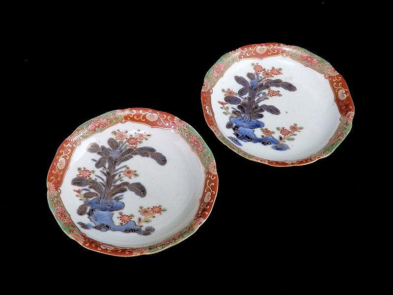 古伊万里　色絵　芭蕉葉に花の図　５寸皿　２枚　A674AS-CFw