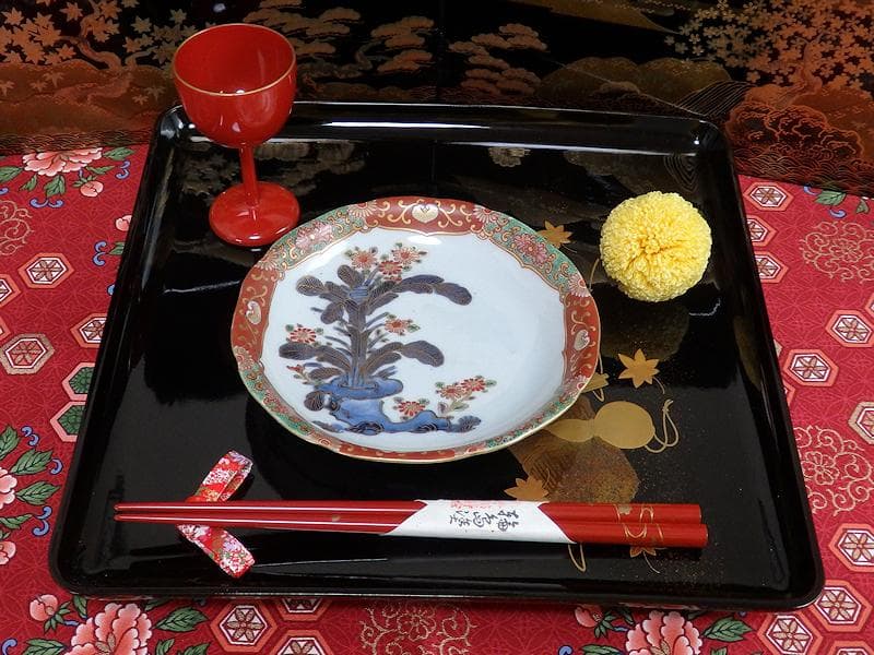 古伊万里　色絵　芭蕉葉に花の図　５寸皿　２枚　A674AS-CFw