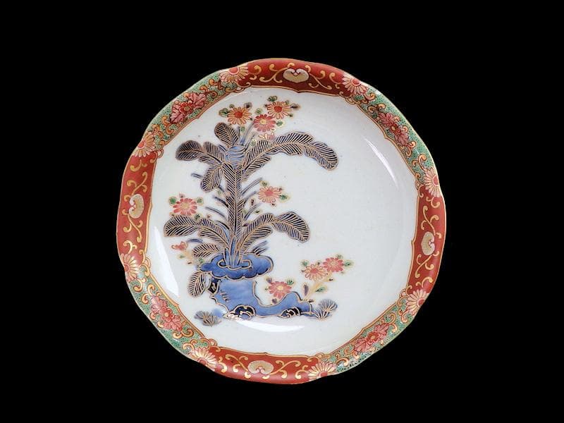 古伊万里　色絵　芭蕉葉に花の図　５寸皿　２枚　A674AS-CFw