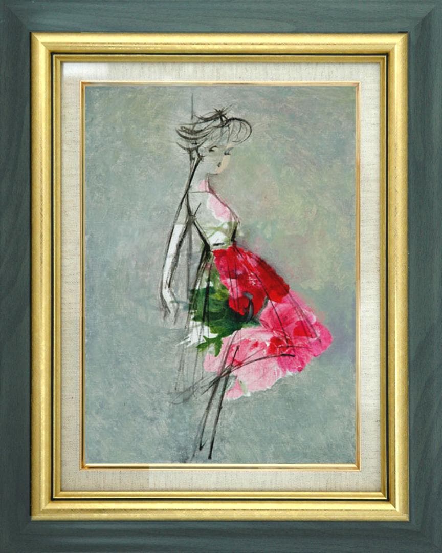 油絵 菅家令子 絵 絵画インテリア額付(青緑＋金色の枠) F4-071512女性