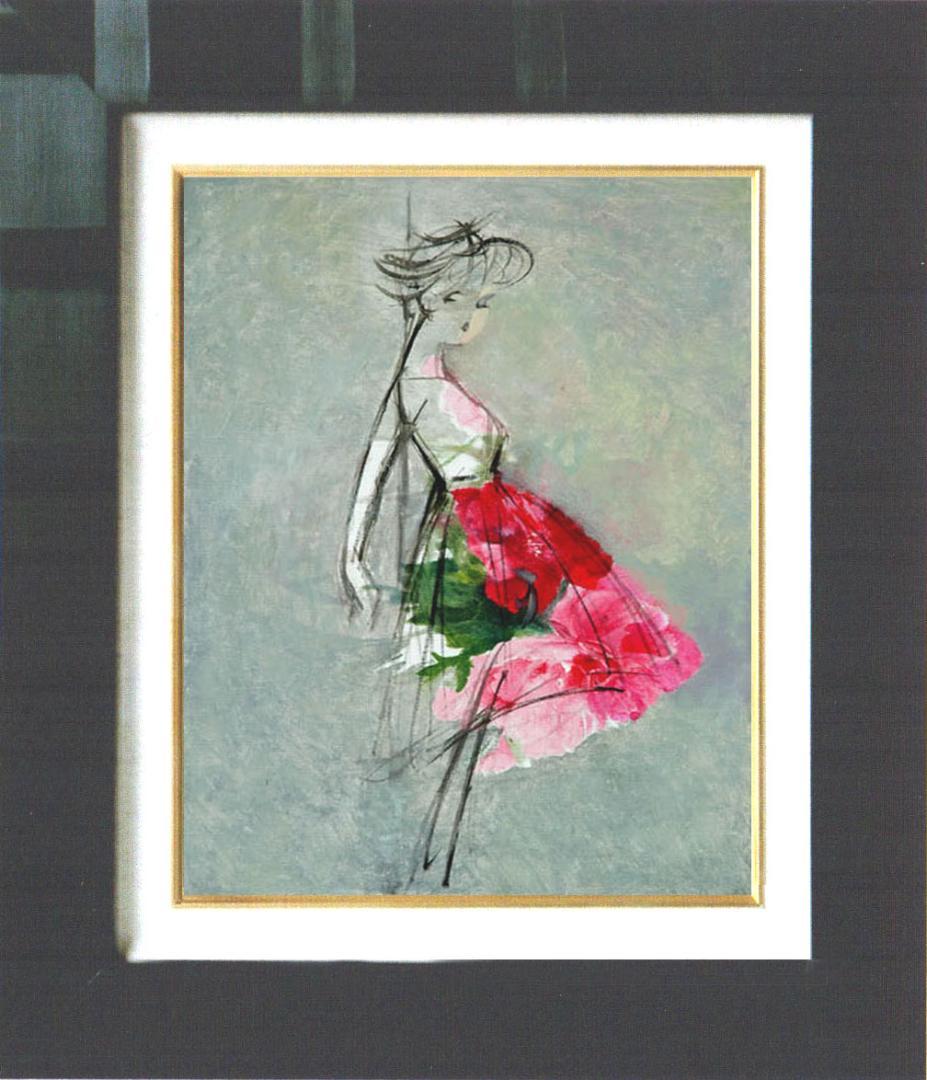 油絵 菅家令子 絵 絵画インテリア額付(青緑＋金色の枠) F4-071512女性