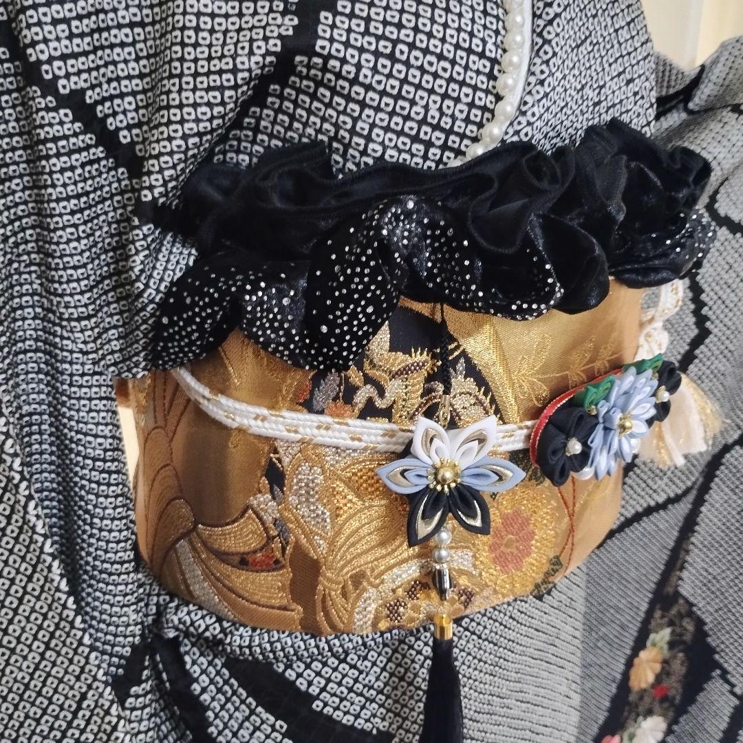 成人式　正絹振袖フルセット　総絞り黒　刺繍　豪華　華やか　草履バックセット