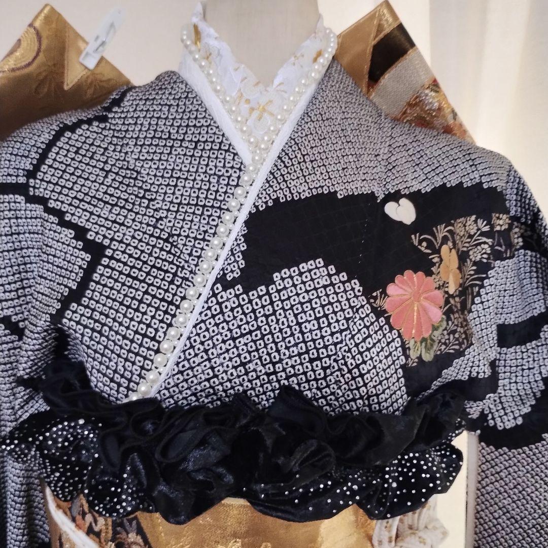 成人式　正絹振袖フルセット　総絞り黒　刺繍　豪華　華やか　草履バックセット