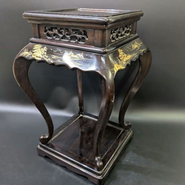 大名道具 唐木 猫脚 木製 透かし彫 花台 高卓 無垢材 黒檀　高蒔絵 螺鈿細工