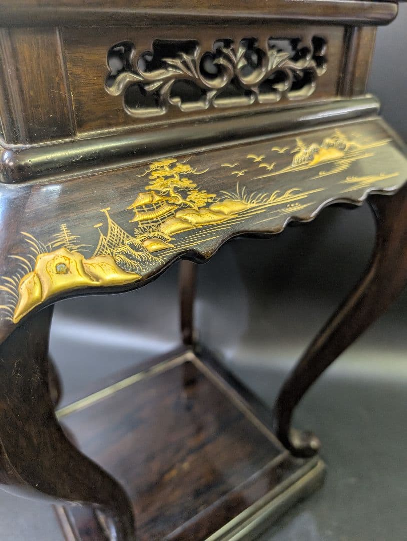 大名道具 唐木 猫脚 木製 透かし彫 花台 高卓 無垢材 黒檀　高蒔絵 螺鈿細工