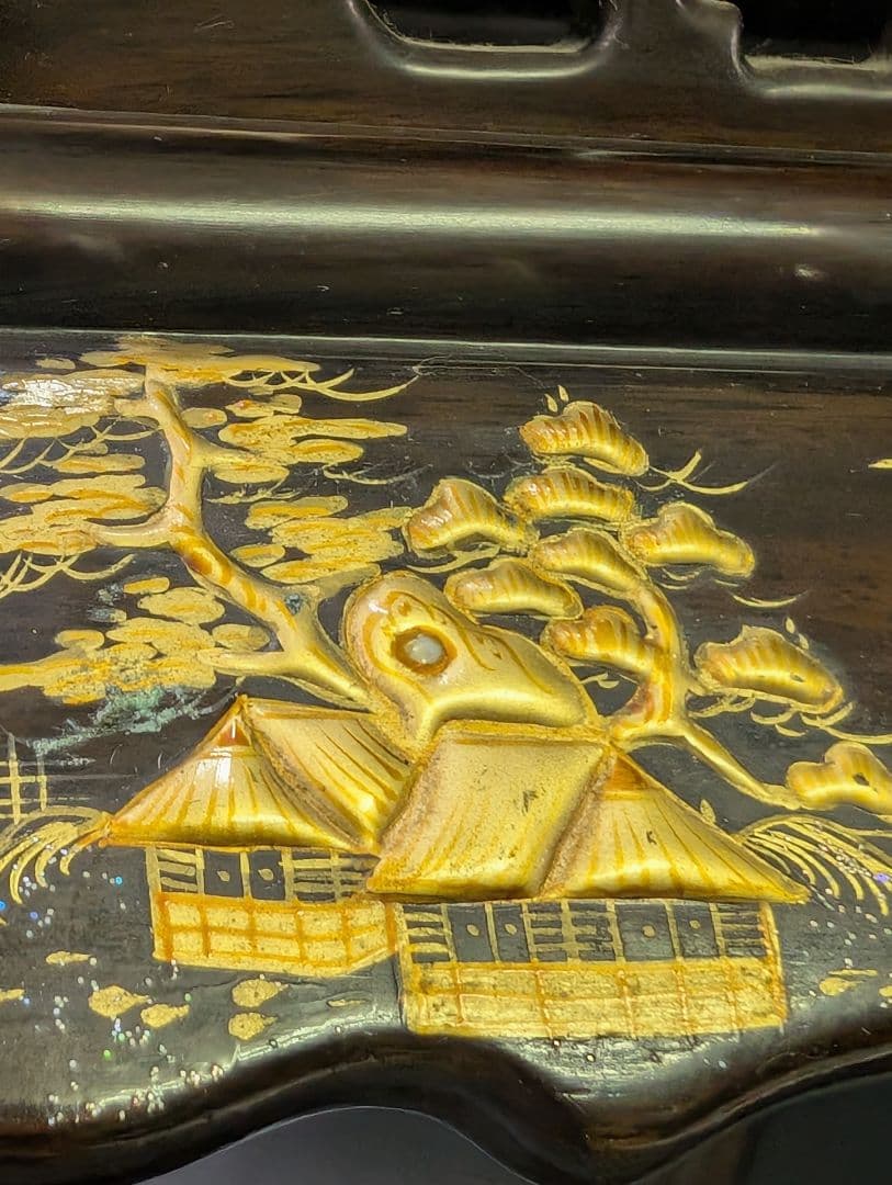 大名道具 唐木 猫脚 木製 透かし彫 花台 高卓 無垢材 黒檀　高蒔絵 螺鈿細工