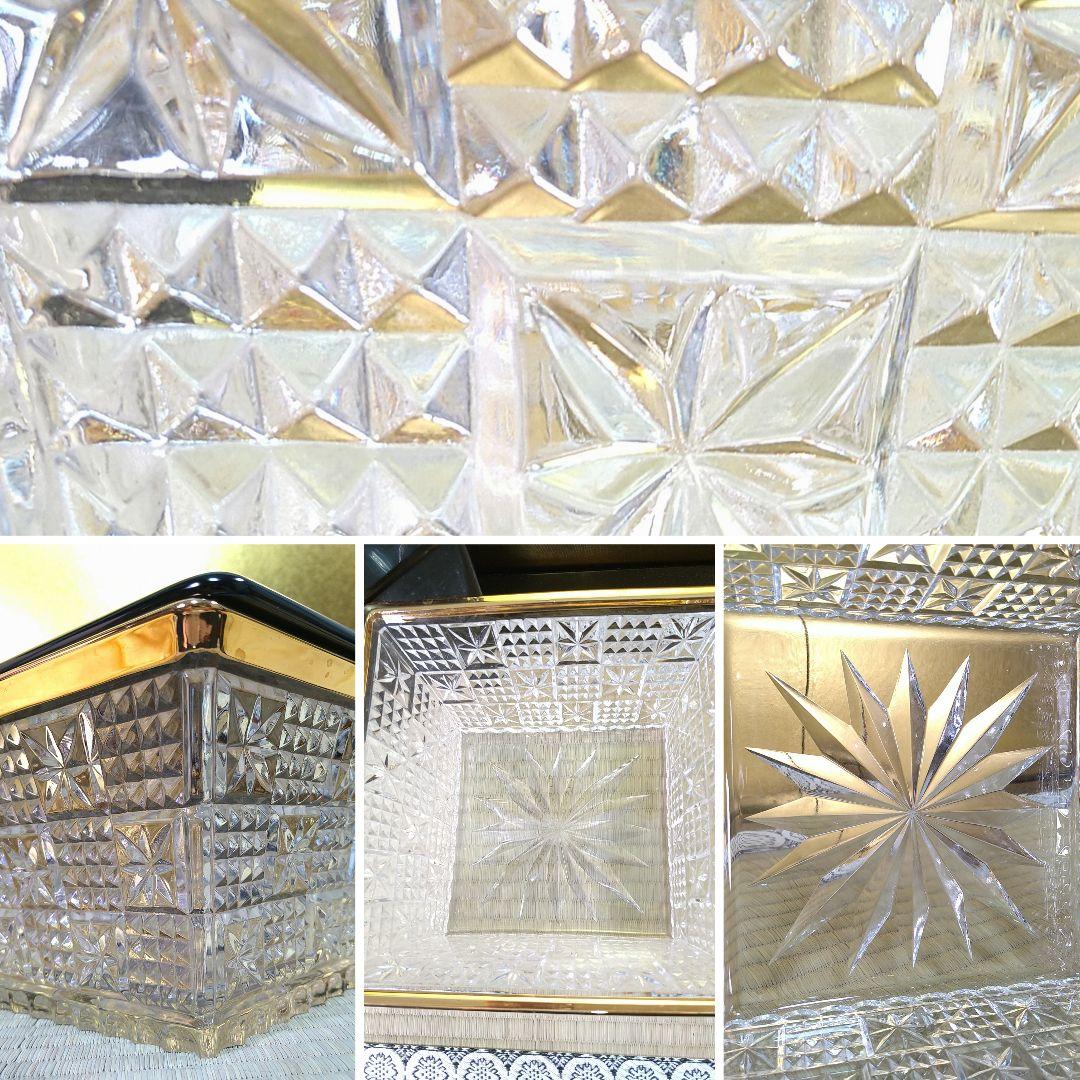 義山水指水差しガラス硝子四方真漆蓋付水崎長寿作金彩縁金切子未使用共箱共布茶道具