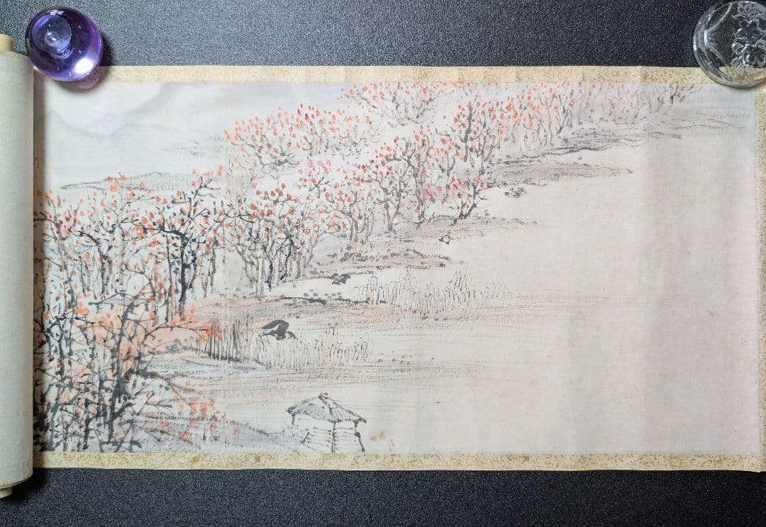 疎林秋晩 落款 銘あり 巻物 支那 紙本 風景 山水 肉筆 中国美術