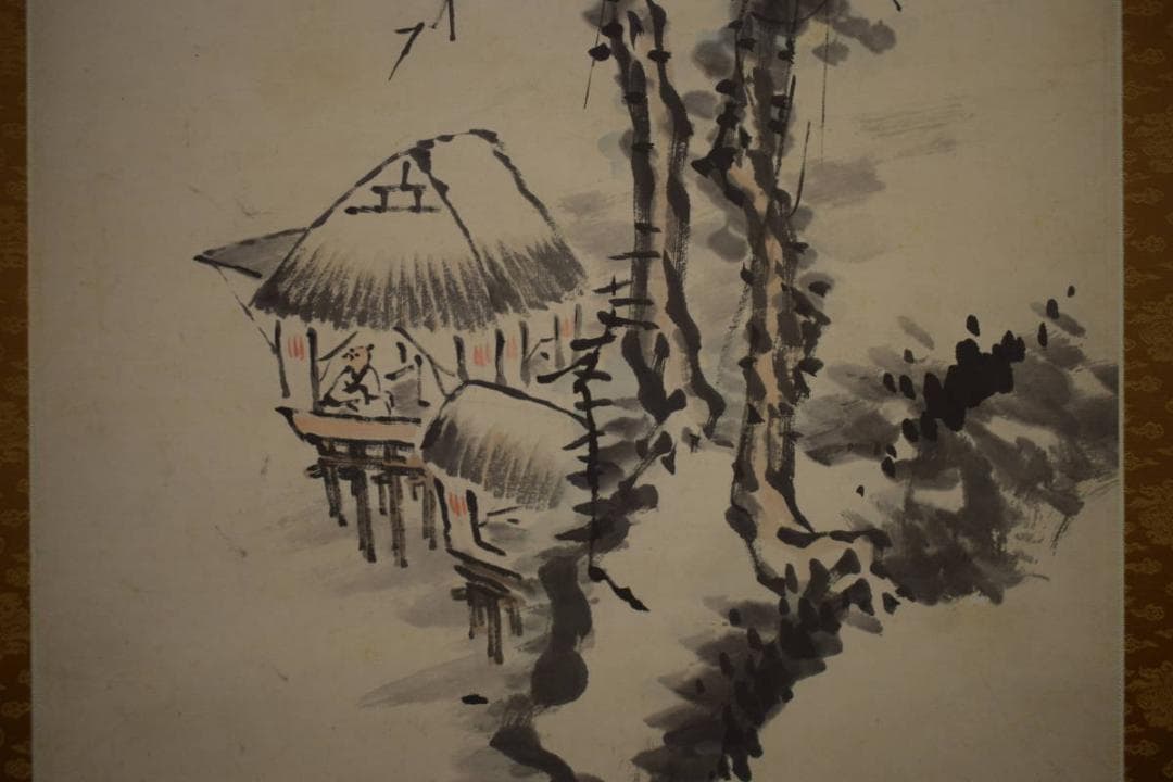 真作/河村虹外/山水/人物/帆船/画賛/布袋屋掛軸HI-923