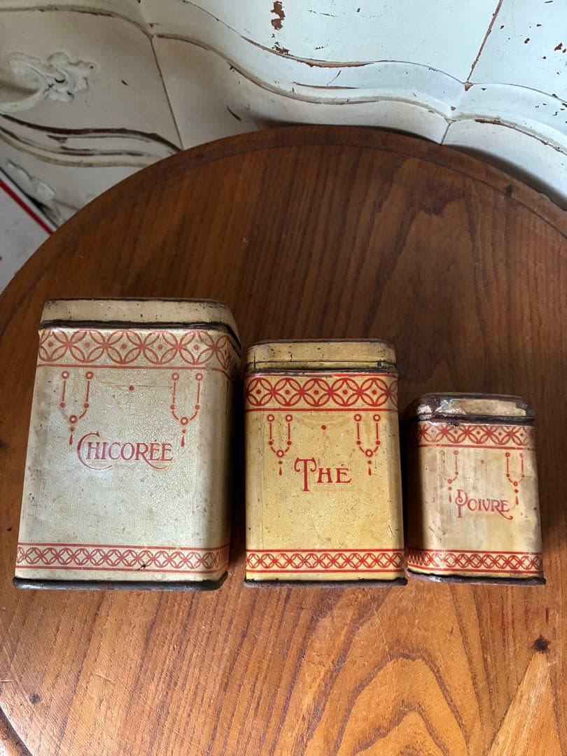 フランス　アンティーク　ティン缶　キャニスター　小物入れ　チェック　赤　100年