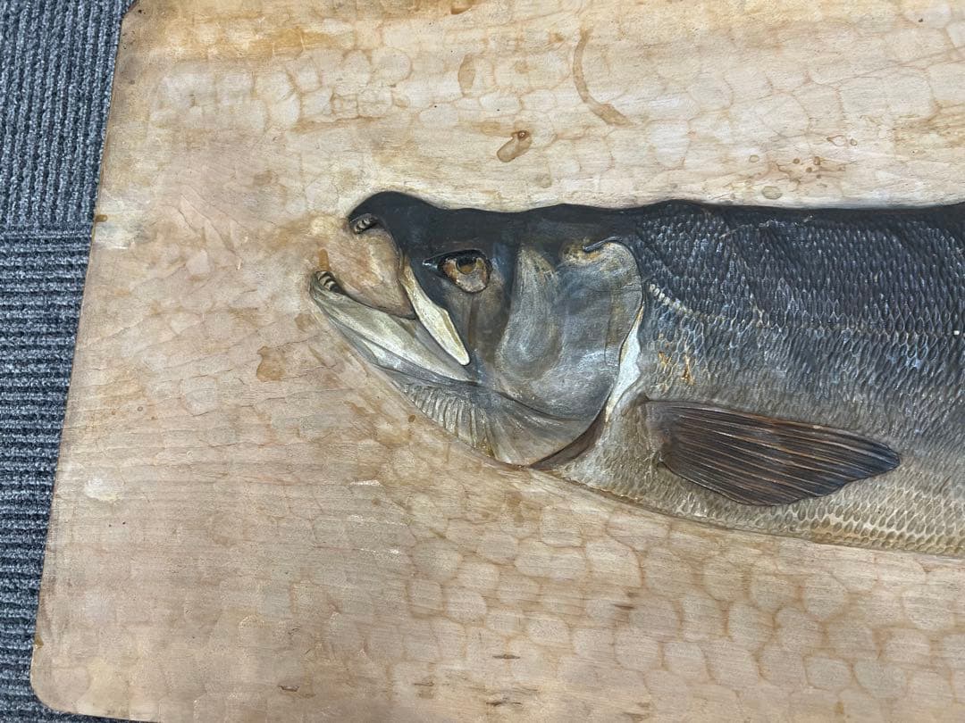 【本田千瓢 作(本田数馬)】木彫 千瓢彫「鮭」木額 サケ壁掛け 郷土民芸