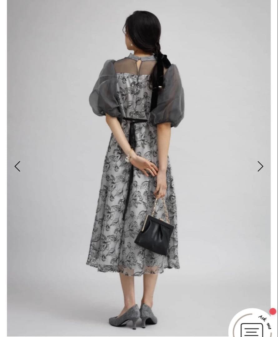 パーティードレス　　オケージョン バルーンスリーブフラワー刺繍ドレス